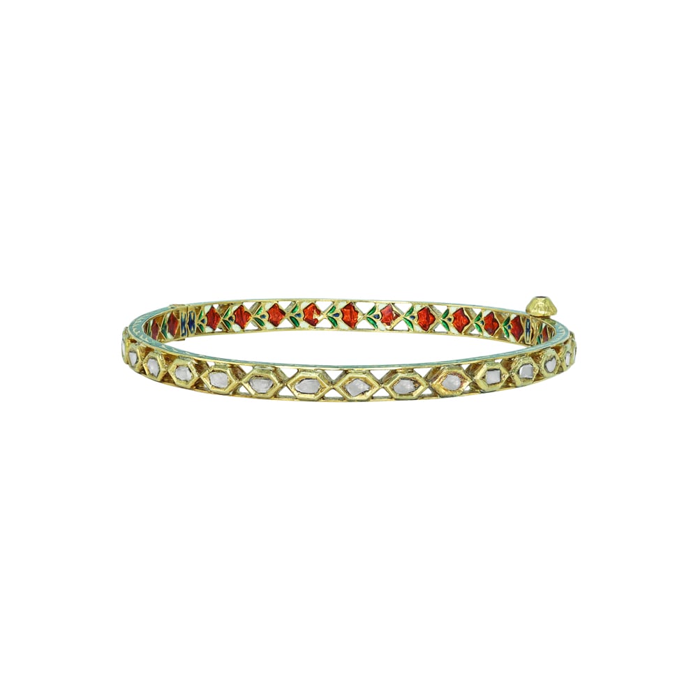 Geometric Polki Bangle with Red Enamel Accents